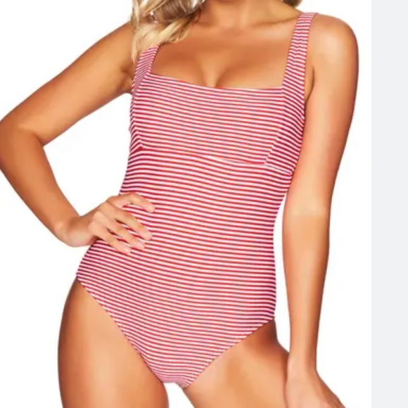 Set Sail Red & White Vertical Striped One Piece Criss Cross Strap Swimsuit